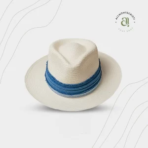 Handmade Fine Original Montecristi Fedora Panama Hat for Men Denim Band