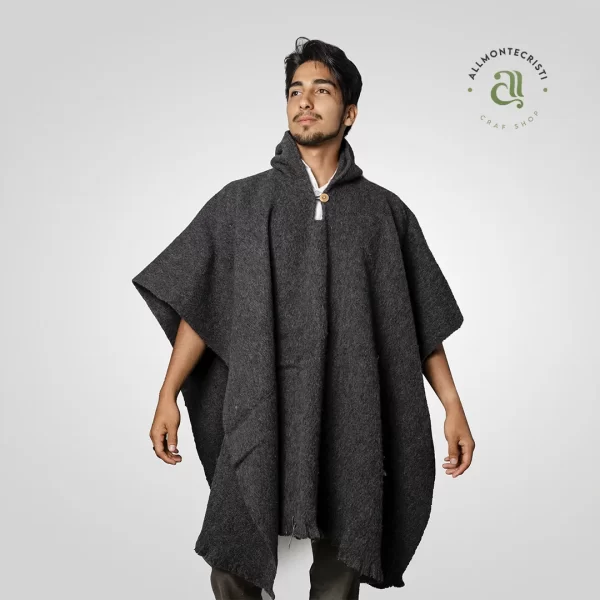 Hodded Black Alpaca Poncho For Men