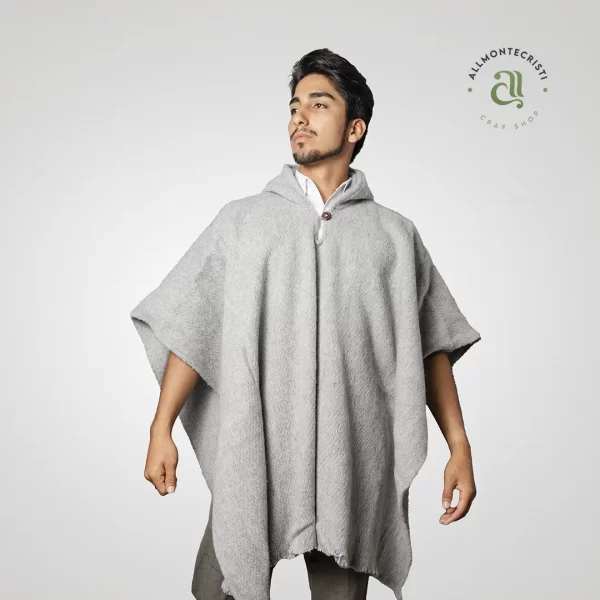 Hodded Grey Baby Alpaca Poncho for Men