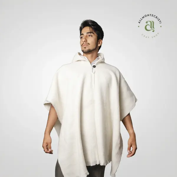 Hodded White Baby Alpaca Poncho for Men